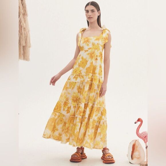 NEW Alemais Sonny Tiered Linen Midi Dress Size 6 (US) Lemon Yellow Floral - Picture 3 of 8